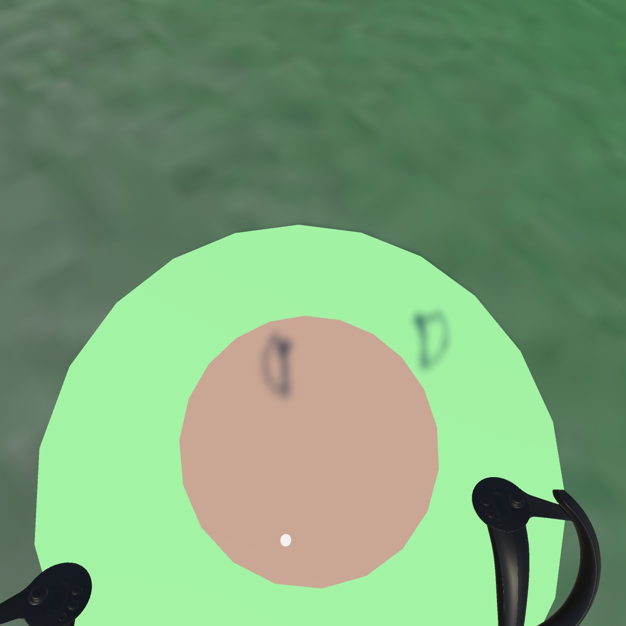 View from the player's perspective looking at the guides at his feet.  With the white dot in the red deadzone the player isn't moving.