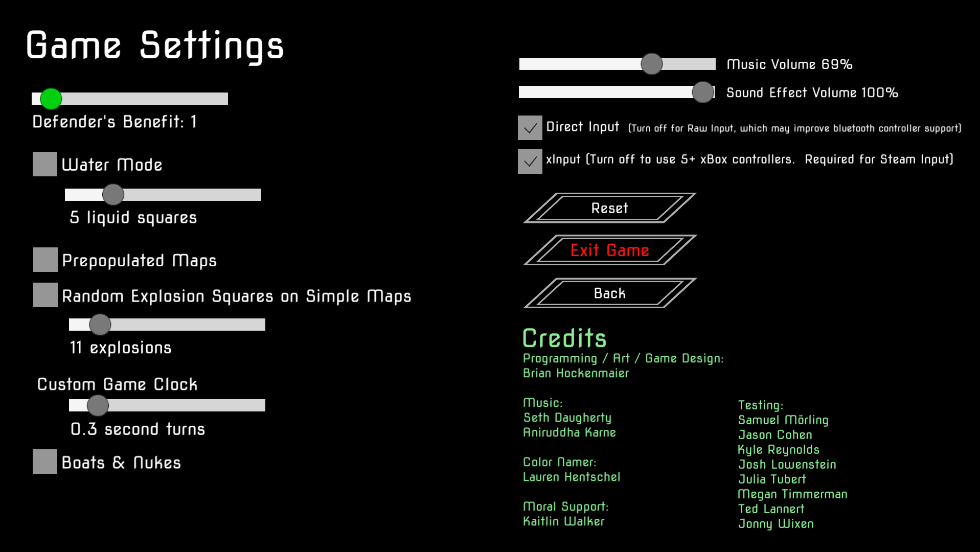Settings menu