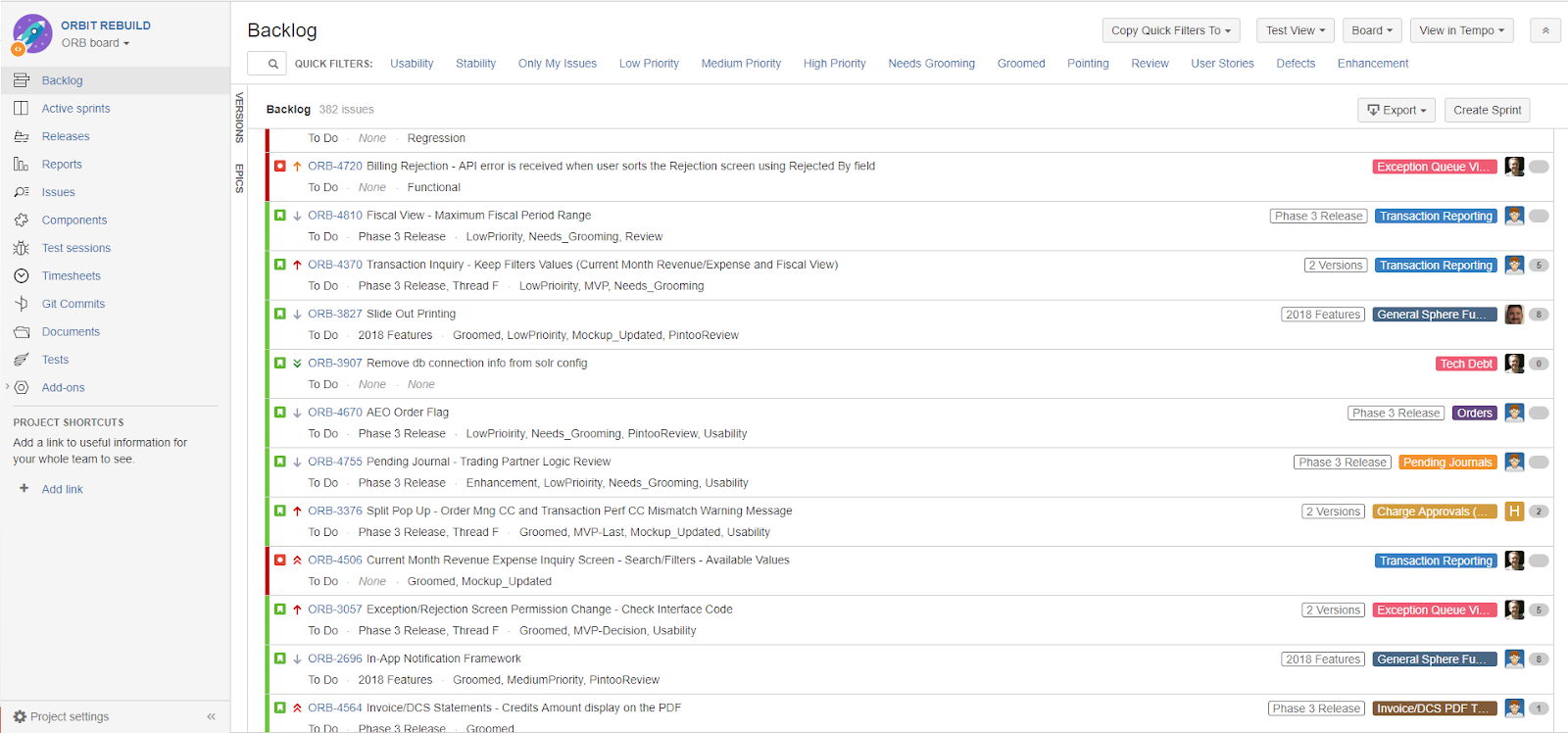 Jira backlog created and managed to track the work of 12 Engineers and QAs at project peak
