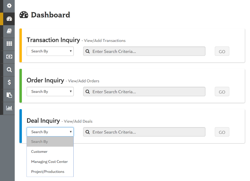 Dashboard landing screen containing links and direct searches for most-used features