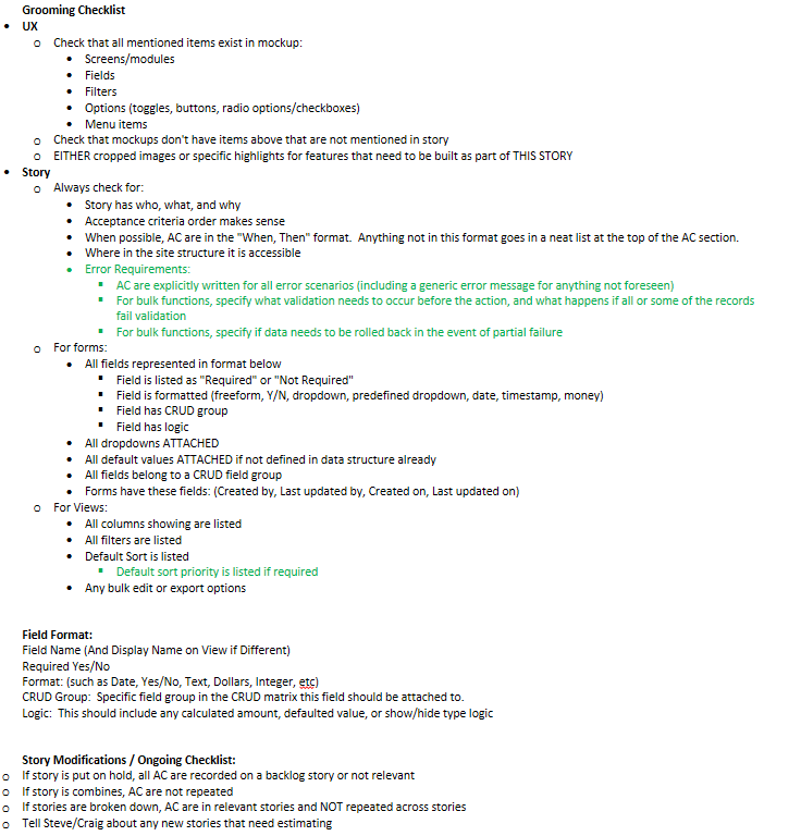 Grooming checklist created as a training tool for analysts and UX designers